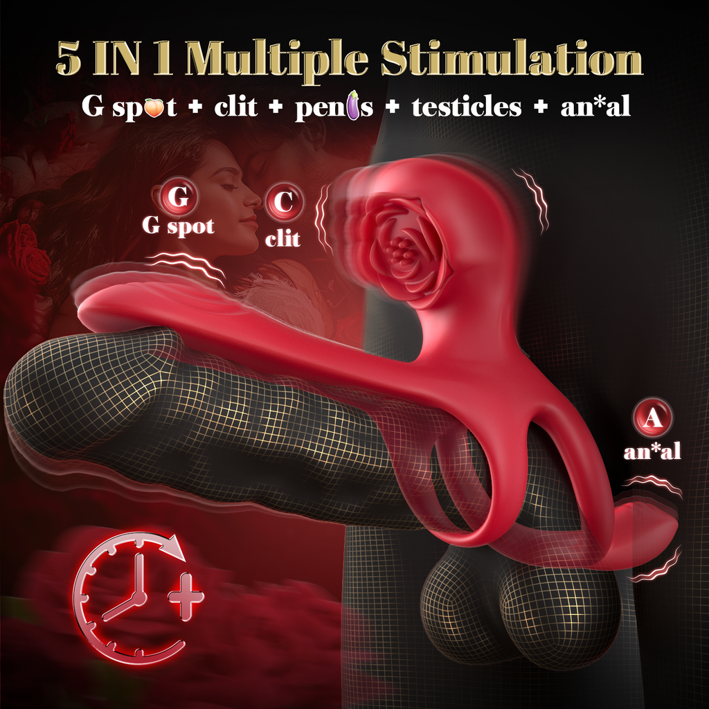 5 in 1 Clitoral Stimulator Rose-sharped Vibrating Cock Ring