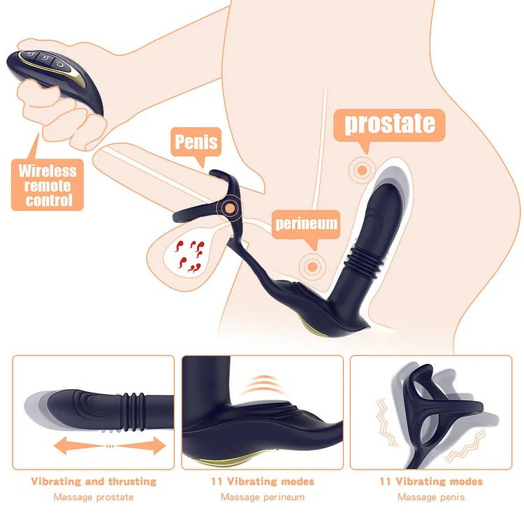 3-in-1 Remote Control Retractable Vibrating Prostate Massager With Penis Ring